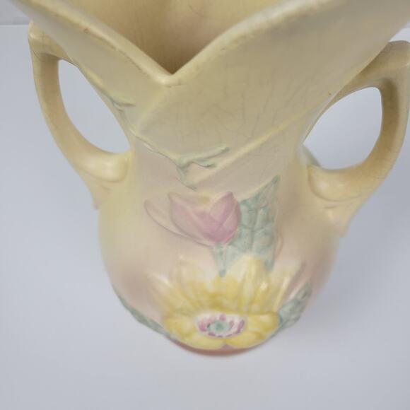 VTG Hull Pottery Magnolia Flower Vase Footed Matte‎ Yellow 2 Handle Art Nouveau - Picture 6 of 16